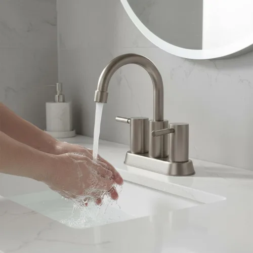 Miniatura 7 de IKEBANA Grifo de baño de níquel cepillado, grifos de lavabo de baño de 2 asas tipo centerset, boquilla giratoria de arco alto de 360°, moderno grifo