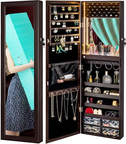 Miniatura 9 de Luxfurni - Joyero con espejo y 79 luces LED, gabinete para colgar en la pared o en la puerta, organizador con cerradura y cajones - Marrón