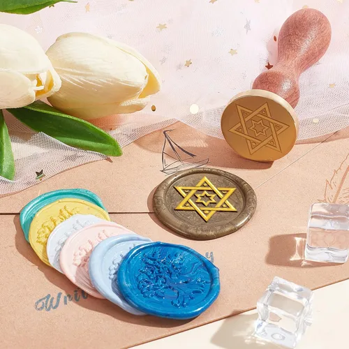Miniatura 6 de MAYJOYDIY Star of David - Sello de cera hexagonal con diseño de estrella y luna, 6 sellos de estrella puntiaguda de 0.98 pulgadas, sellos de cobre