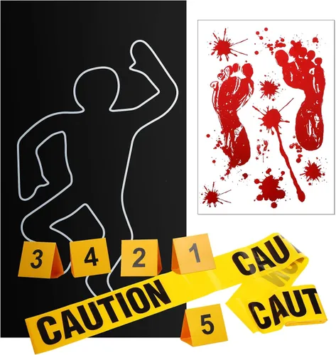 8 piezas de decoración de escena del crimen, incluyendo silueta corporal, cinta de precaución, marcadores de evidencia y calcomanía de huella