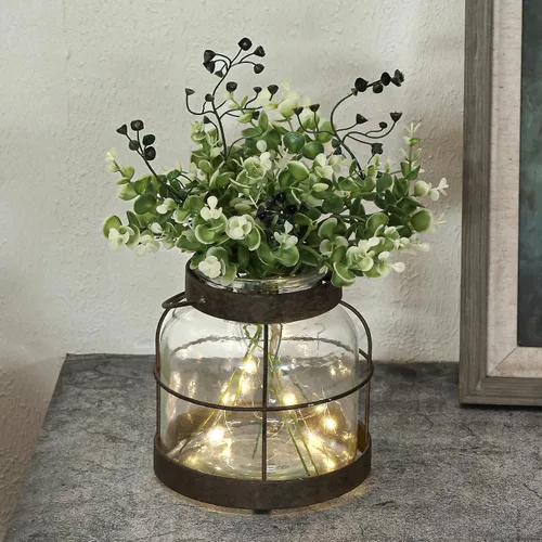 Florero de cristal vintage estilo granja, decoración rústica de farol con plantas, flores, luces, jarrones de estilo vintage para decoración del