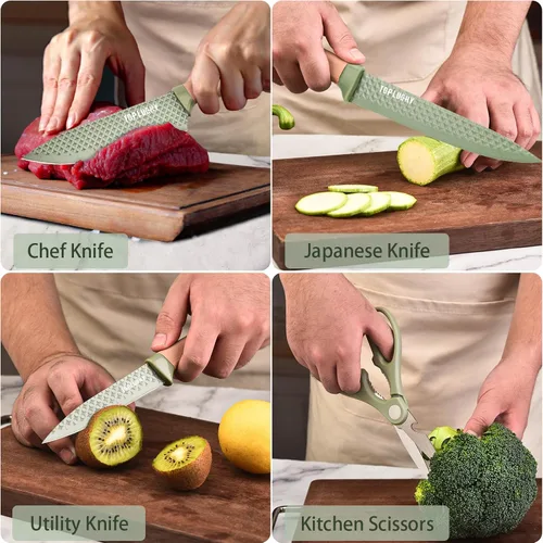 Miniatura 3 de Juego de cuchillos de cocina, 6 piezas, juego de cuchillos profesionales verdes con bloque de cuchillos universal, juego de cuchillos súper afilados