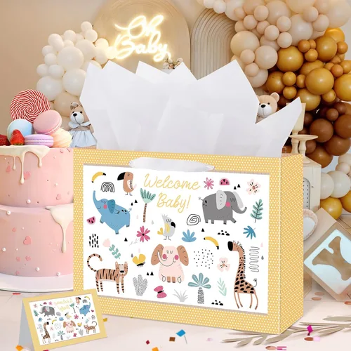 Miniatura 4 de woric Bolsa de regalo de bebé de 14.5 pulgadas para baby shower con papel de seda y tarjetas de felicitación para fiestas de cumpleaños de niños