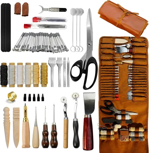 FIOQE Kit de herramientas de cuero y manualidades para principiantes, 72 herramientas de cuero con bolsa de almacenamiento para coser, tallar,