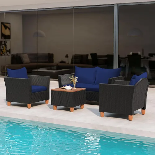 Miniatura 2 de HAPPYGRILL Juego de 4 piezas de mimbre para patio, silla de ratán de polietileno y otomana con cojines extraíbles, mesa de centro de almacenamiento