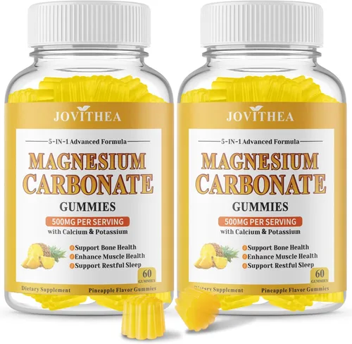 Paquete de 2 gomitas de carbonato de magnesio de 500 mg, suplemento de magnesio de alta absorción para mujeres y hombres, con calcio, potasio,