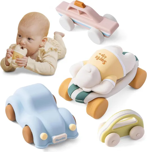 Moonkie coches de juguete de silicona de grado alimenticio para niños pequeños de 1 a 3 años, coches de bebé de empuje y marcha de 6 a 12 meses+,