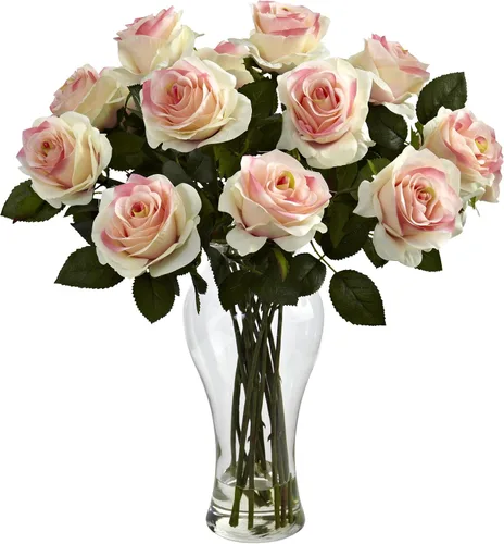 Miniatura 3 de Nearly Natural Rosas artificiales florecientes con jarrón, 18 x 13 pulgadas
