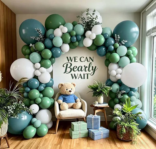 Miniatura 5 de Kit de arco de globos de color azul polvoriento, guirnalda de globos de látex de doble relleno, verde salvia, blanco mate, globos de látex para baby