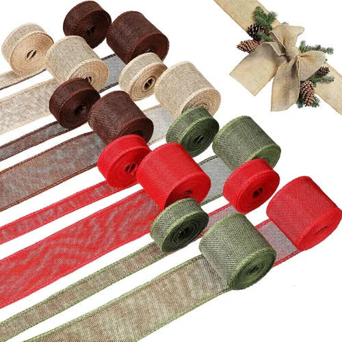 MTLEE 16 Rolls 87 Yards Burlap Ribbon Christmas Wired Edge Ribbons Fabric Wired Weave for Gift Wrapping Christmas Decoration, 4 Colors(2.4 Inch, 1