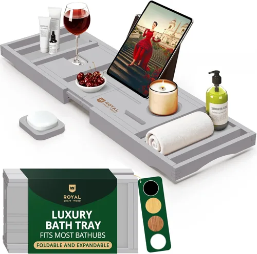 Miniatura 10 de ROYAL CRAFT WOOD Bandeja de Caddy para Bañera de Bambú, Estante de Baño Premium Plegable de Madera, Mesa de Baño de Bañera Extensible y Accesorios