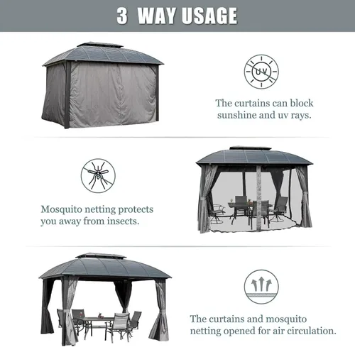 Miniatura 4 de Domi Cenador de Techo Rígido de 10'x12' con Toldo Arqueado, Cenador de Aluminio para Exteriores con Doble Techo de Acero Galvanizado, Cortina y Red