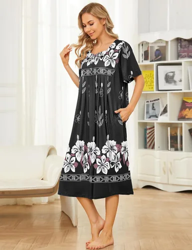 Miniatura 5 de Bloggerlove Camisón hawaiano para mujer, vestido de casa hawaiano Muumuu con estampado de tumbona, vestido de patio con bolsillos Moomoo
