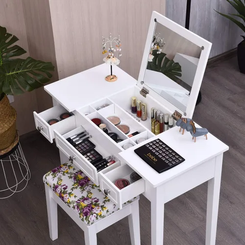 Miniatura 3 de CHARMAID Escritorio de tocador de maquillaje con espejo abatible superior, 3 cajones, 7 compartimentos de almacenamiento, escritorio blanco