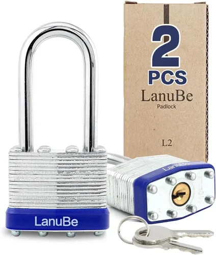 LanuBe Candado laminado de 1-9/16 pulgadas (1.575 in) de largo grillete paquete de 2 llaves iguales, aro de plástico azul, cerraduras a granel para