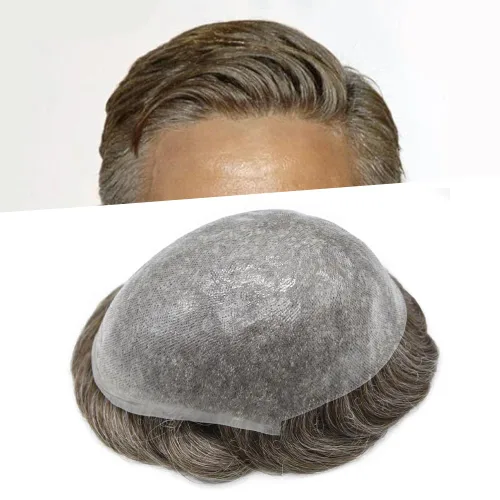 Miniatura 22 de Tupé de piel ultra fina para hombres pieza de cabello humano real sistema de reemplazo 0.002 in Mens Toupee Hairpiece para hombres V-Loop 8x10 80%