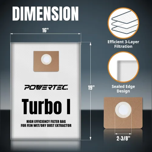 Miniatura 2 de POWERTEC Turbo I, 9-20-27 Bolsas de filtro de forro polar, 5 unidades, para Fein Dustex 25 L, extractor de polvo húmedo y seco, para Fein