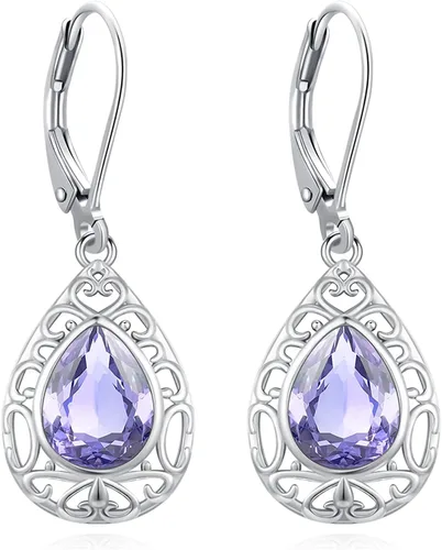Miniatura 325 de Aretes colgantes de plata de ley con diseño de árbol de la vida, flor, abeja, animales, gato, colibrí, piedra lunar, turquesa, aretes con cierre
