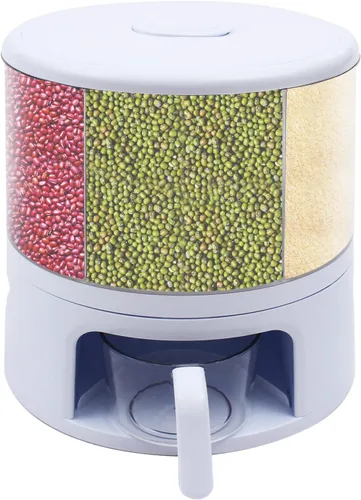 Dispensador de cereales giratorio de 360°, salida de arroz con un solo clic, taza de tanque multigrano redonda visible, contenedor de arroz seco,