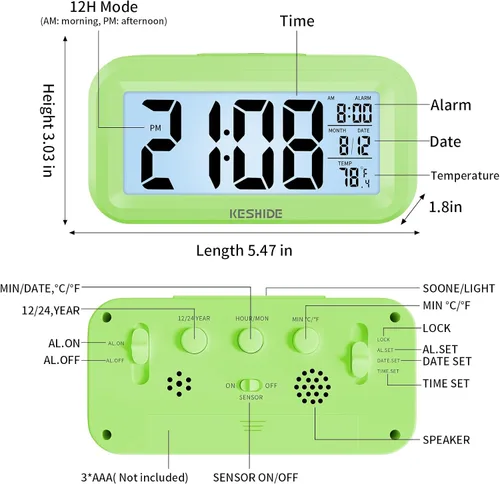 Miniatura 2 de Reloj despertador digital a pilas con temperatura interior, reloj pequeño de escritorio, modelo de repetición, pantalla de 12/24 horas para Negro