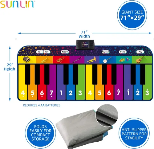 Miniatura 5 de SUNLIN Alfombrilla de piano de suelo de 6 pies para niños y niños, tapete de piano gigante, 24 teclas, 10 canciones integradas, 8 sonidos