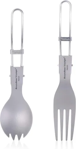 Miniatura 11 de iBasingo Cuchillo de tenedor de titanio con mango plegable, utensilios de vajilla ultraligeros para camping, picnic al aire libre, senderismo