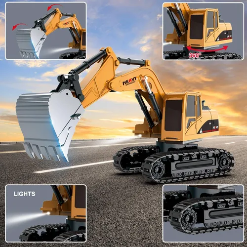 Miniatura 3 de Juego de juguetes de excavadora y camión volquete a control remoto – Excavadora RC y camión volquete con luces y sonidos – Coche excavador