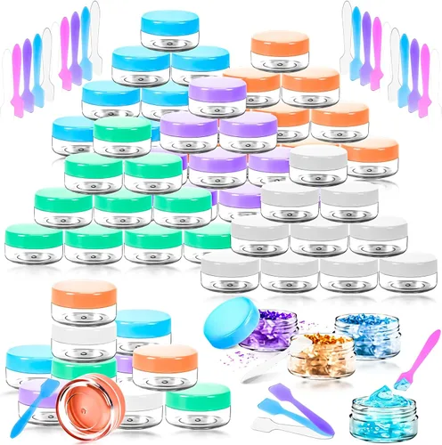 Miniatura 11 de Paquete de 50 de 10 g pequeños contenedores de cosméticos de plástico con tapas, frascos de maquillaje de 10 gramos de color ámbar con espátulas
