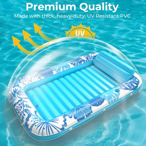 Miniatura 6 de Flotador inflable de bronceado para piscina con lona de protección, flotadores de piscina de 85 x 57 pulgadas para adultos con almohada, flotador