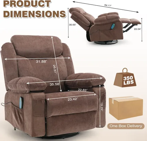 Miniatura 3 de Silla reclinable giratoria, sillas reclinables de masaje de tela con calor para adultos, sofá reclinable de gran tamaño, manual para cine en casa