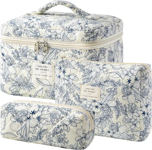 Miniatura 13 de HBselect Bolsa de maquillaje acolchada, 3 piezas de algodón grande, bolsa de maquillaje de viaje, bonita bolsa de maquillaje floral de coqueta