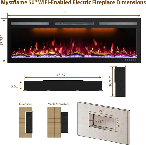 Miniatura 5 de Chimenea eléctrica de 50 pulgadas habilitada para WiFi con insertos y montaje en pared, chimenea eléctrica empotrada, llama multicolor, control por