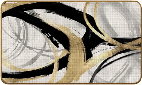 Tapete abstracto bohemio negro y dorado, moderno, negro, blanco y dorado, antideslizante, para puerta delantera, porche, interior, exterior,