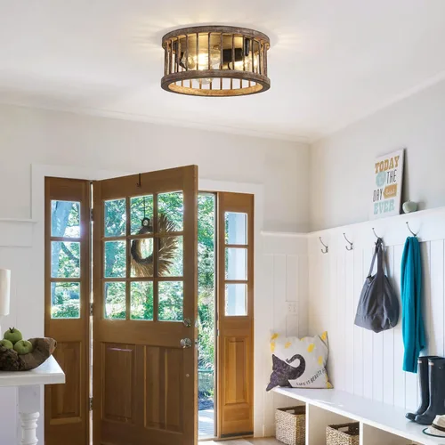Miniatura 4 de Lámpara de techo de montaje empotrado estilo granja, 3 luces de metal y madera de 12.6 pulgadas, lámpara de techo para cocina, pasillo, comedor