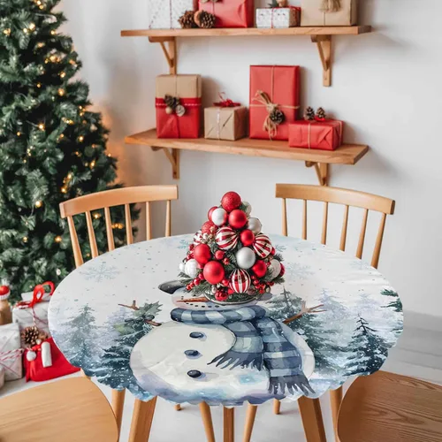 Miniatura 2 de Mantel redondo de Navidad de 36 a 44 pulgadas, mantel impermeable con borde elástico para fiestas de vacaciones en interiores y exteriores, árbol