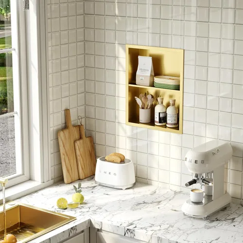 Miniatura 6 de Qeke 14x18 Botiquín de Medicina Empotrado, Botiquín de Medicina Sin Espejo, Nicho de Pared de Acero Inoxidable 304 con Dos Estantes, Dorado Cepillado