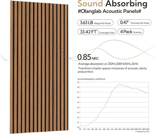 Miniatura 5 de Olanglab Paquete de 4 paneles de pared de madera acústica, paneles de pared de listones de madera con amortiguación de sonido, 23.6 x 47.2 pulgadas