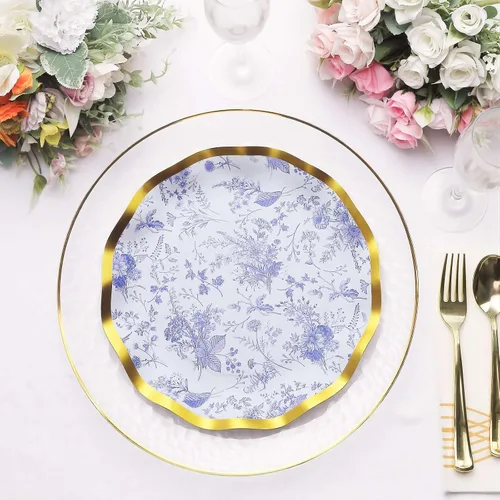 Miniatura 9 de Efavormart - Paquete de 25 platos de postre de papel chino chino azul y blanco con borde ondulado dorado de 11.32 oz/m² para recepciones y fiestas