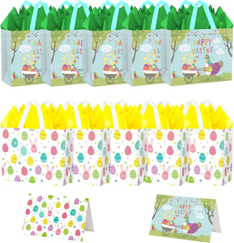 JWSCYSY 10 bolsas de regalo de Pascua grandes de 12.6 pulgadas con tarjeta y papel de seda, bolsa de Pascua reutilizable no tejida con asas para