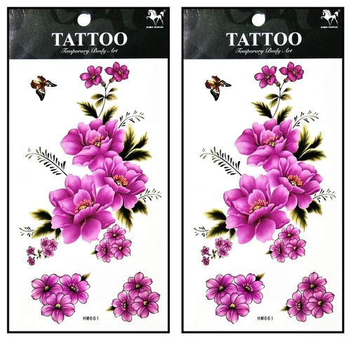 Tatuajes de 2 hojas coloridas y hermosas flores de orquídea de jazmín rosa, temporales, tatuajes falsos de fantasía, moda para mujeres, pintura