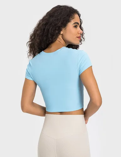 Miniatura 8 de ZHENWEI Camisetas de entrenamiento de manga corta para mujer, camisetas deportivas acanaladas con cuello redondo, camisetas atléticas para gimnasio