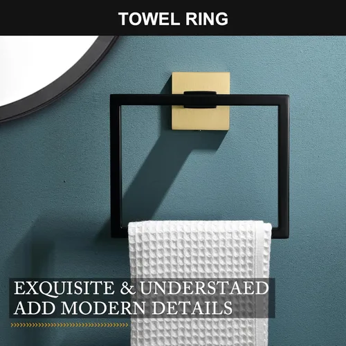 Miniatura 4 de Juego de 5 piezas de accesorios de baño, juego de toallero negro y dorado, soporte de papel higiénico con estante, juego de toallero en el baño