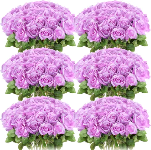Miniatura 15 de Jexine 50 piezas de flores de rosa artificiales a granel realistas de seda falsa con tallo largo, ramo de flores artificiales de plástico de aspecto