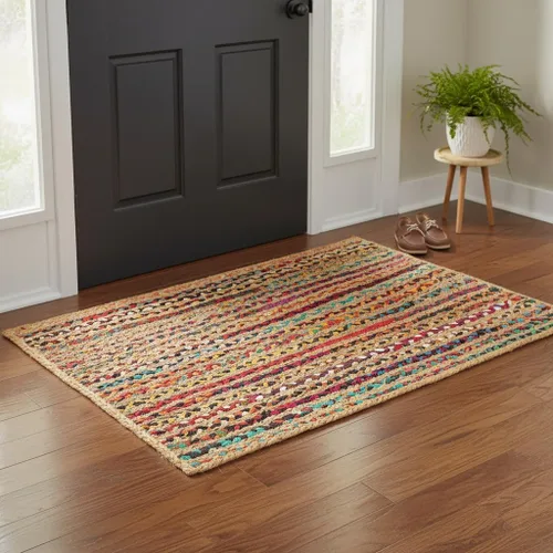 Miniatura 39 de RedEarth · Alfombra rectangular - 2'x3' de yute natural trenzada con respaldo antideslizante - Alfombra boho tejida a mano para dormitorio, cocina