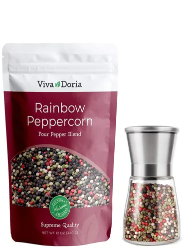Viva Doria Rainbow Blend Peppercorn – Pimienta entera negra, verde, rosa y blanca de 12 onzas + molinillo de sal y pimienta de acero inoxidable de