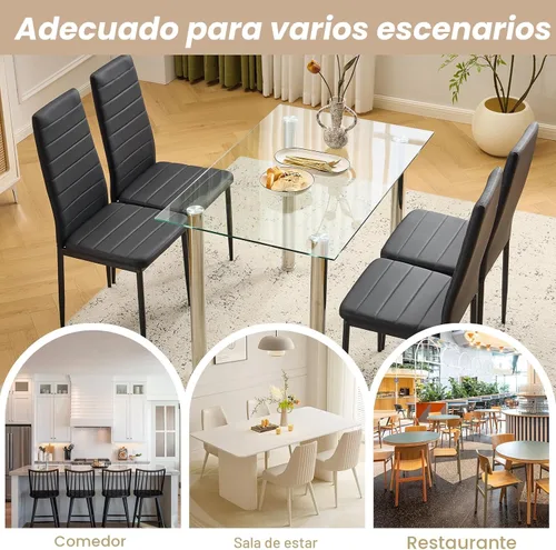 Miniatura 7 de Karl home Juego de 4 sillas de comedor, sillas de cocina de cuero sintético PU negro con respaldo alto acolchado y protección de tapas para pies
