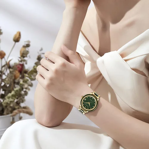 Miniatura 2 de Aivasee Reloj automático de diamantes de lujo para mujer con correa de acero inoxidable chapada en oro y jade negro para mujer, reloj de pulsera