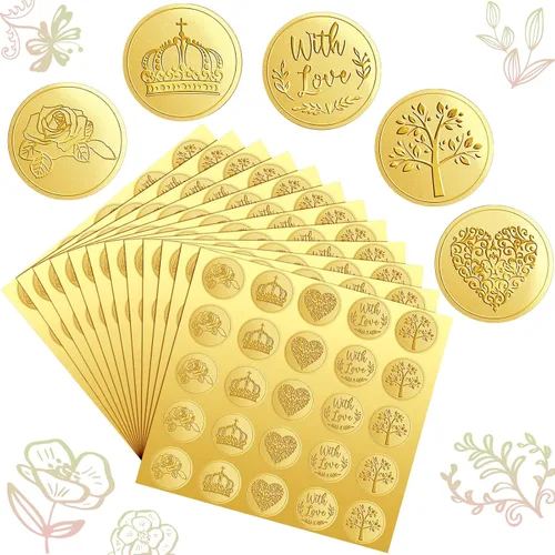 Miniatura 10 de Chinco 500 Piezas Pegatinas de Sellos para Sobres Dorados en Relieve Pegatinas Adhesivas de Sello Pegatinas Vintage de Papel Aluminio en Relieve Kit