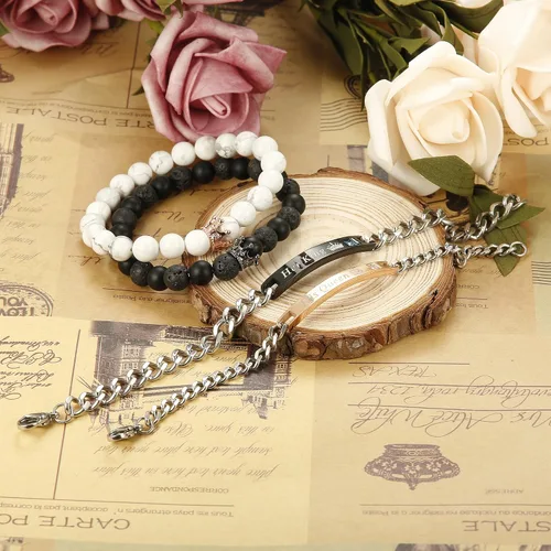 Miniatura 6 de FIBO STEEL Juego de 4 pulseras para parejas para hombres y mujeres, para él y ella, con corona, reina, pulseras de cuentas de 0.315 in, Acero