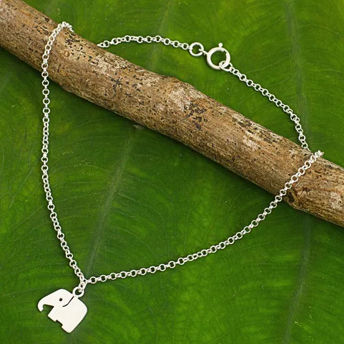 Miniatura 3 de NOVICA . Tobillera de plata de ley 925, 9.75 pulgadas 'Elephant Bliss